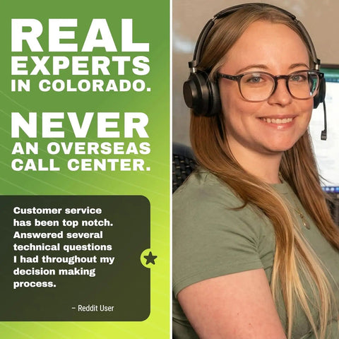 Customer service representative with headset smiling, showcasing expertise and support in Colorado.