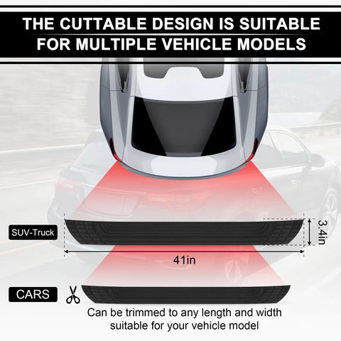 Rear Bumper Protector For Cars And SUVs, 42 Inch By 3.4 Inch Universal Rubber Shield, cutting diagram showcasing fit for multiple vehicle models