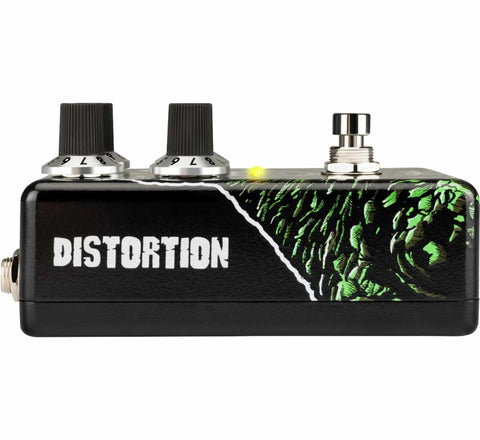 Side view of Kaiju Godzilla Distortion Pedal With Active Treble And Bass EQ Beefy High Gain Guitar Effects with black-green design.
