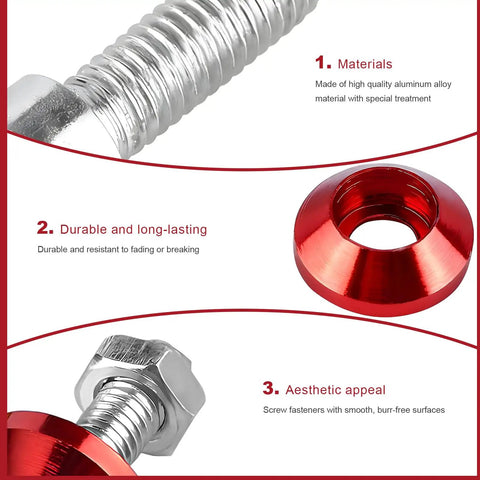 Fresh Red M6 Aluminum Motorcycle License Plate Bolts For Cars Trucks, Anti Theft Decorative Tag Screws close-up of a red aluminum cap and silver screw.