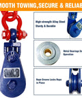 Beefed Up Heavy Duty 4 Ton Snatch Block With Chain For Tow Trucks And Recovery, 4.5 Inch Sheave For One Half Inch Wire Rope, Swivel Shackle, Snatch Block Pulley For Towing And Car Carrier Applications, blue alloy steel with chain