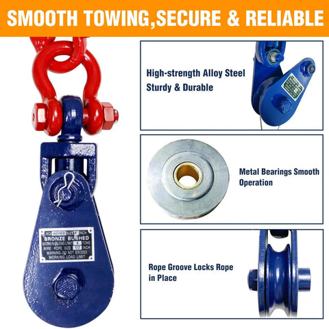 Beefed Up Heavy Duty 4 Ton Snatch Block With Chain For Tow Trucks And Recovery, 4.5 Inch Sheave For One Half Inch Wire Rope, Swivel Shackle, Snatch Block Pulley For Towing And Car Carrier Applications, blue alloy steel with chain