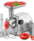 Heavy Duty Electric Meat Grinder With Strainer And Tomato Sauce Press Maker, 2500W motor, metal design, raw beef cubes ready for grinding.