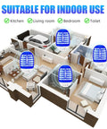 Illustration of a home layout with Plug In Indoor Bug Zapper With LED Light For Home Use, 360 Degree Mosquito And Fruit Fly Killer in rooms