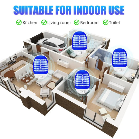 Illustration of a home layout with Plug In Indoor Bug Zapper With LED Light For Home Use, 360 Degree Mosquito And Fruit Fly Killer in rooms