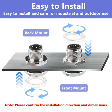 M12 12-Pin Panel Mount Connector 0.7ft Rugged IP67 Waterproof Industrial Circular Connector installation diagram