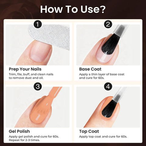 How to use 8 Piece Hema Free Gel Nail Polish Set With Base Coat And Top Coat, 6 Color Gel Polishes For LED UV Light Mani At Home DIY Kit