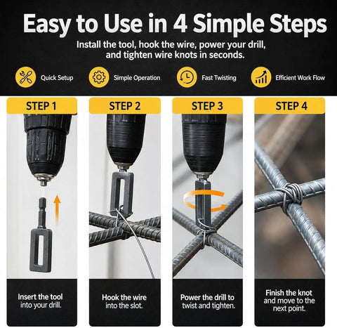 Step-by-step instructions for using 2 Pack Heavy Duty Electric Drill Wire Twister With 1/4 Inch Hex Shank for quick wire tying.