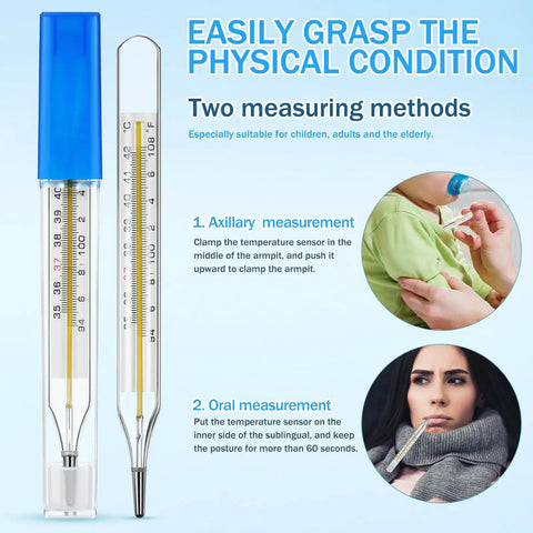 Five Piece General Use Temperature Testing Tools With Dual Scale Fahrenheit And Celsius For Accurate Readings For Adults And Kids Underarm And Oral Use Easy To Read For Everyday Health Checks glass thermometer set with blue case