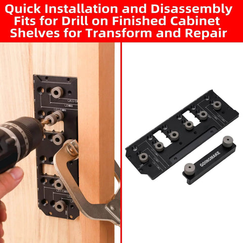 Pro Grade All Metal Shelf Pin Jig For Cabinet Hardware Drilling Guide For Straight Holes, installed on wood cabinet