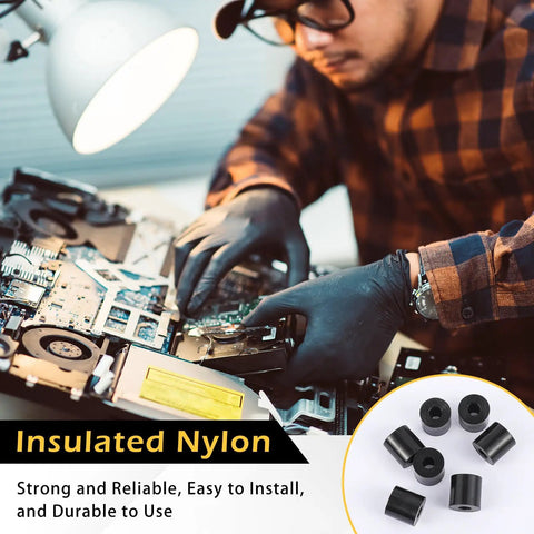 Technician using 200 Pcs Black Nylon Spacers Half Inch Thick, Half Inch Outer Diameter, 0.194 Inch Inner Diameter for electronics.