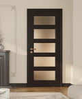 Front view of Sleek 30x80 Black Frosted Glass Slab Door With Five Lite French Look Solid Wood Barn Style Pre Assembled Pocket Door
