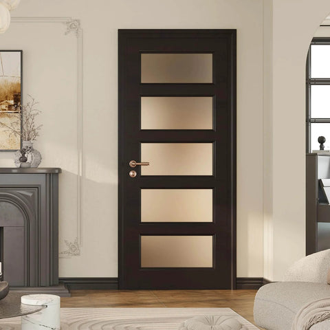 Front view of Sleek 30x80 Black Frosted Glass Slab Door With Five Lite French Look Solid Wood Barn Style Pre Assembled Pocket Door