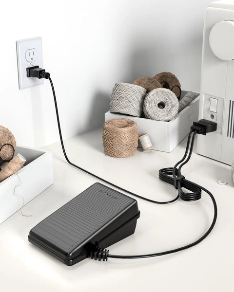 Foot pedal power cord replacement for Singer sewing machines; black pedal and cord, D-shaped plug.