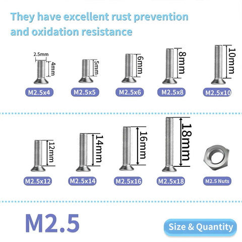 Flat Head M2.5 Stainless Steel Screws Kit 304 Full Thread Fasteners Assortment For Wall Plates And Electronics Includes M2.5x4 5 6 8 10 12 14 16 18mm With Nuts And Bolts Rust Resistant Durable And Easy To Grab
