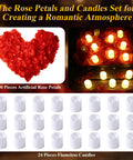 Flameless LED Tealight Candles Set With Rose Petals for Romantic Date Night Table Decor showing 24 candles and 3000 red petals