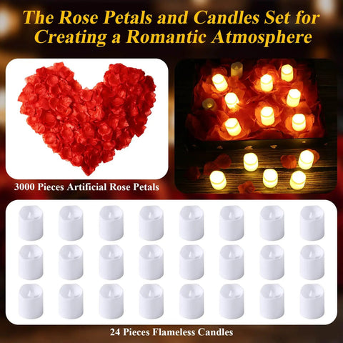 Flameless LED Tealight Candles Set With Rose Petals for Romantic Date Night Table Decor showing 24 candles and 3000 red petals