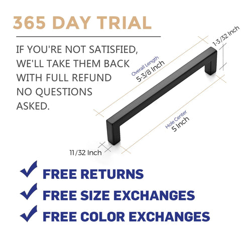 40 Pack Solid 5 Inch Center to Center Slim Square Bar Drawer Handles Matte Black Cabinet Hardware dimensions and trial details