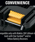 Close-up of yellow battery receiver for 18V LXT Lithium-Ion Battery and Rapid Optimum Charger Starter Pack 4.0Ah