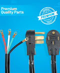 4 Prong 50 Amp Range Cord For Electric Kitchen Range With Open End Connectors Beefy Copper Wires 60 Inch Black Power Cable For Easy Heavy Duty Stove Install, showing plugs and wires.