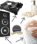 Turntable, keyboard, speaker, soap dispenser with arrows pointing to "Adsamm" logo, highlighting diverse product use