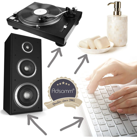 Image of a turntable, speaker, soap dispenser, and keyboard showcasing music and home decor.