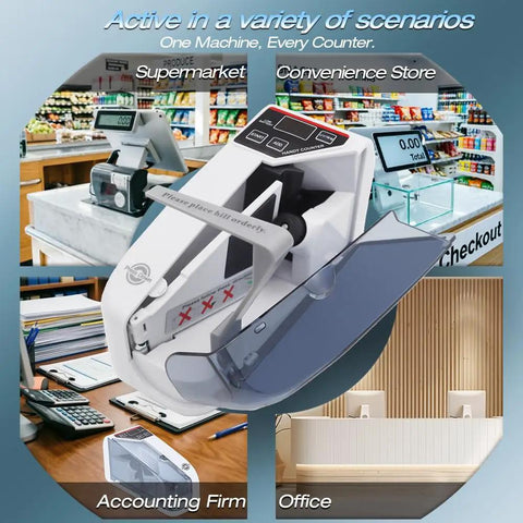 Super Fast Portable Money Counter With Automatic UV And Watermark Detection For Authentic Bill Verification High Speed Cash Counting Machine, positioned in a retail environment.