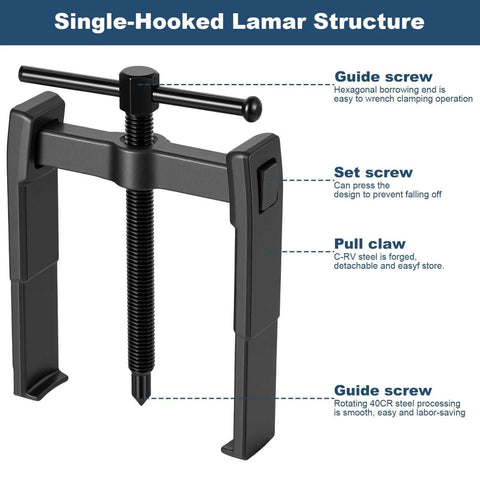 Single-hooked gear puller with guide screw and claw, part of Beefy 4 Piece 2 Jaw Gear Puller Set with Adjustable Pulleys, Carbon Steel.