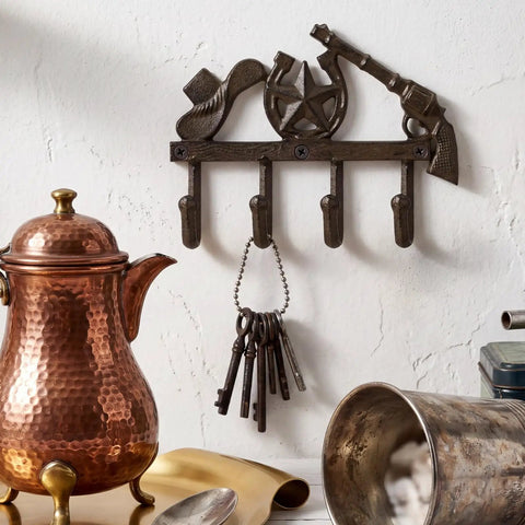 Straight Up Rustic Western Cast Iron Cowboy Coat Wall Mount Hook Featuring Authentic Horse Shoe Shape Perfect For Farmhouse Entryway Storage Built Tough As Nails Great For Holding Hats Keys And Bags Daily with keys