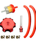 3.5L Dirt Bike Gas Tank With Aluminum Cap, Fuel Filter And Petcock, Fits Honda CRF50 XR50, Red Cap shown with hoses