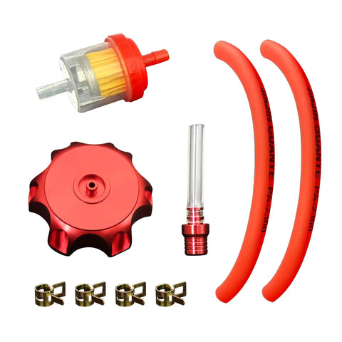 3.5L Dirt Bike Gas Tank With Aluminum Cap, Fuel Filter And Petcock, Fits Honda CRF50 XR50, Red Cap shown with hoses