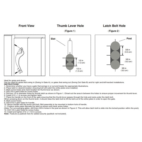 Installation diagram for Heavy Duty Gate Latch And 9 Inch Handle Kit Self Locking Steel Gate Lock Hardware with measurements.