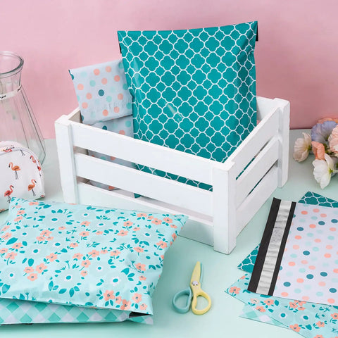 Thick Self Adhesive Poly Mailers 10 By 13 Inches 40 Pack with flower, dot, plaid patterns in a white crate, ideal for small business.