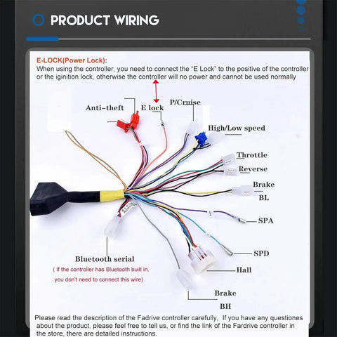 Wiring diagram for 72V 5000W Brushless DC Motor Kit with labeled connectors and e-lock instructions.