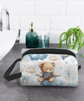 Travel Toiletry Organizer Bag For Women And Men, Waterproof Dopp Kit with teddy bear design on bathroom counter