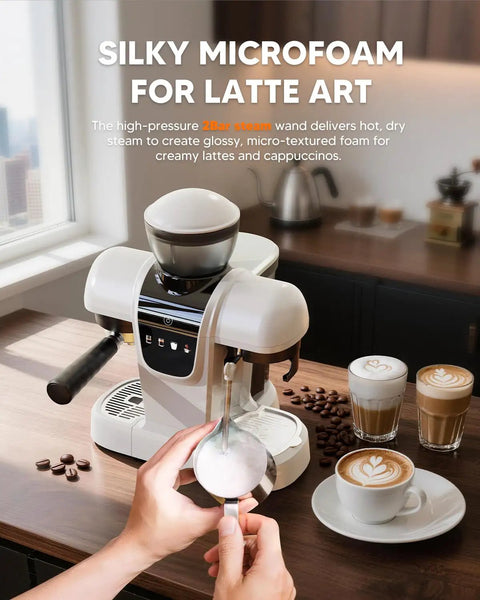White Semiautomatic Espresso Machine With Built In Grinder And Adjustable Steam Wand 20 Bar Pump For Silky Crema Home Barista Vibes Smooth Daily Grind Fresh Bean Hopper with latte art in focus.
