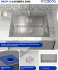 Installed drop-in laundry sink, front view; 25x22 inch, 12 inch deep, 304 stainless steel 16-gauge, single bowl.
