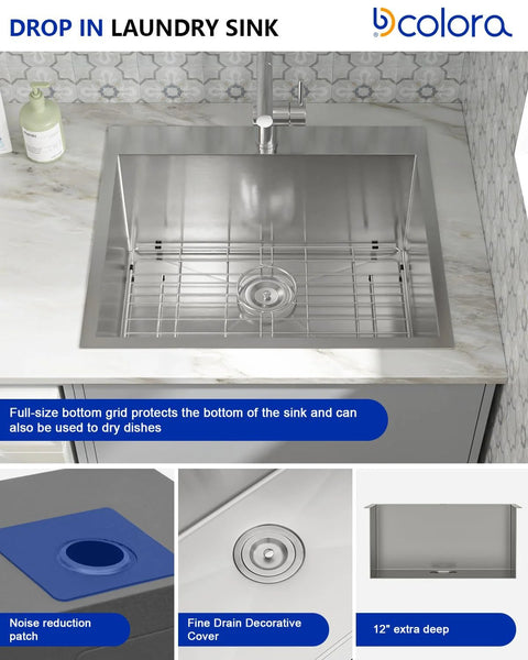 Installed drop-in laundry sink, front view; 25x22 inch, 12 inch deep, 304 stainless steel 16-gauge, single bowl.