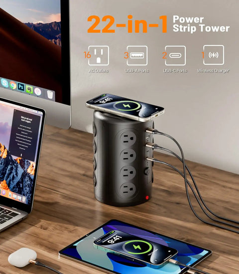 Beefy 21 in 1 Heavy Duty Power Strip Tower With 16 Outlets And 5 USB Ports USB A And USB C 6 Foot Extension Cord Surge Protector