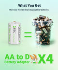 AA To D Size Battery Adapter Spacers 4 Pack For Rechargeable AA Batteries D Size Converter Case displayed beside jar of batteries
