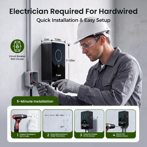Electrician installing Lightning Quick 48 Amp Level 2 EV Charger Hardwired 11 5 Kw J1772 Home Charging Station.