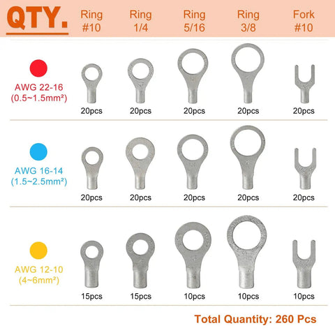 260 Piece Copper Ring And Fork Terminal Kit For Wiring AWG 22-16 16-14 12-10 Tin Plated Non Insulated Connectors, pieces overview