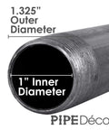 Close-up of One Inch By Three Inch Black Steel Plumbing Pipe showing 1.325" outer diameter and 1" inner diameter