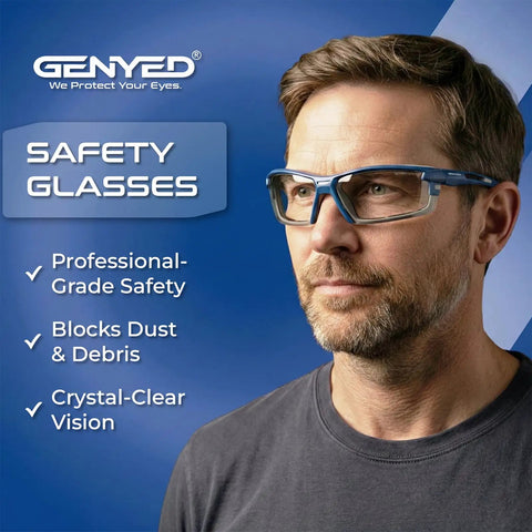 Man wearing ANSI Z87 Plus Safety Glasses With Removable Foam Gasket Clear Lens Anti Fog Eyewear with sporty look.
