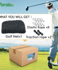 Heavy Duty Nylon Golf Practice Net For Indoor And Outdoor Use shown with ropes and packaging on golf course