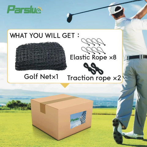 Heavy Duty Nylon Golf Practice Net For Indoor And Outdoor Use shown with ropes and packaging on golf course