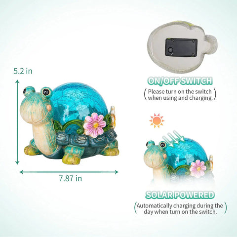 Garden Turtle Statue Outdoor Decor Resin Figurine With Glass Solar Lights showing dimensions and solar charging feature