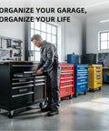 Magnetic Tool Box Label Kit 24 Pack With 3D Printed Magnetic Backing on tool chests in garage.