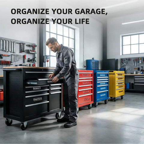 Magnetic Tool Box Label Kit 24 Pack With 3D Printed Magnetic Backing on tool chests in garage.
