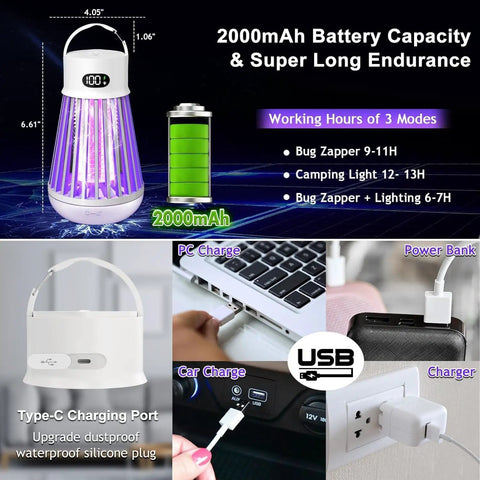 Indoor Outdoor Bug Zapper With Rechargeable Battery Boss Mosquito Killer Lamp Storage Box Waterproof 2000V UV Light Trap For Home Kitchen Backyard Garden Camping Patio showing Type-C charging and battery life.